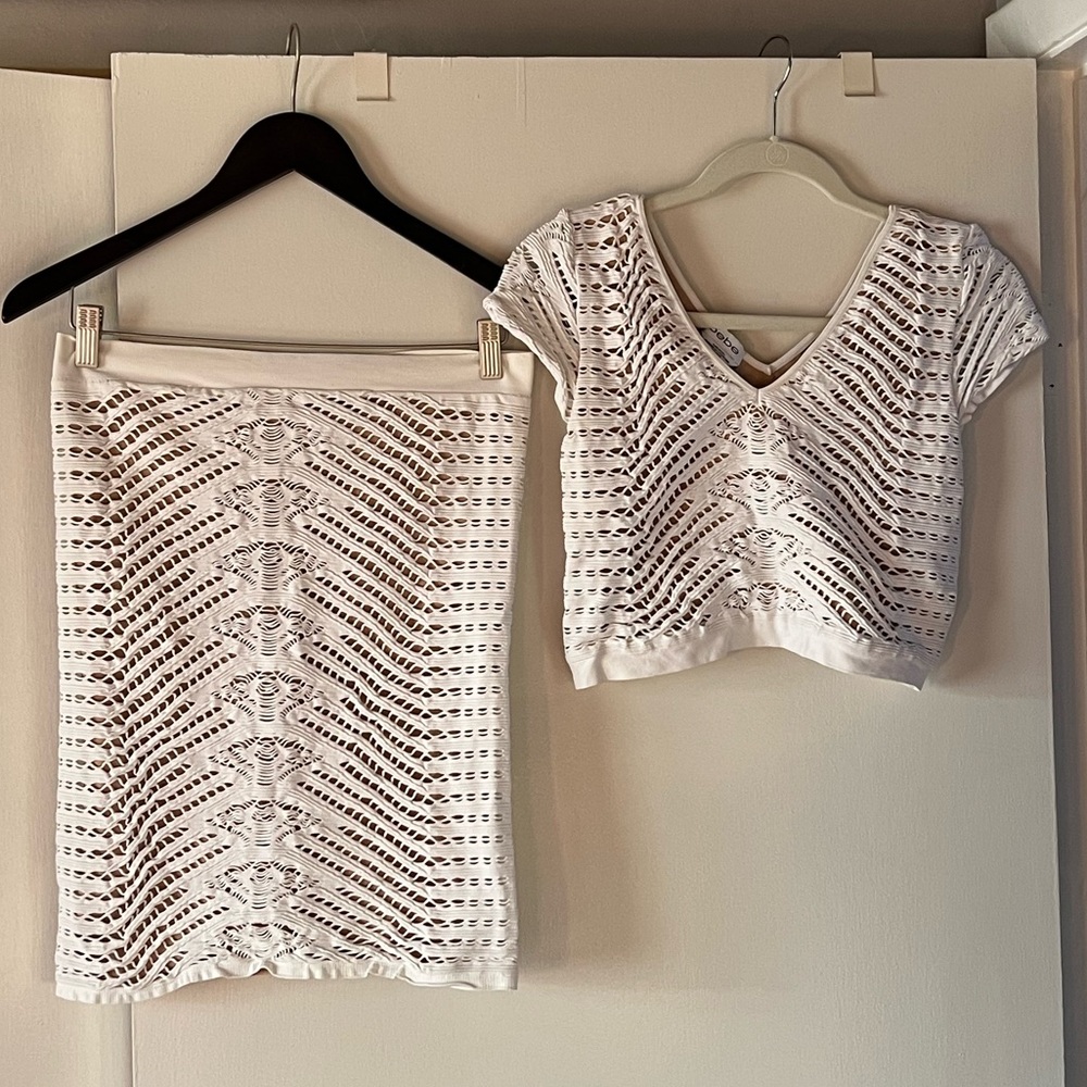 BEBE White Nude Knit Bodycon Crochet Two-Piece Skirt Top Set. Medium large.